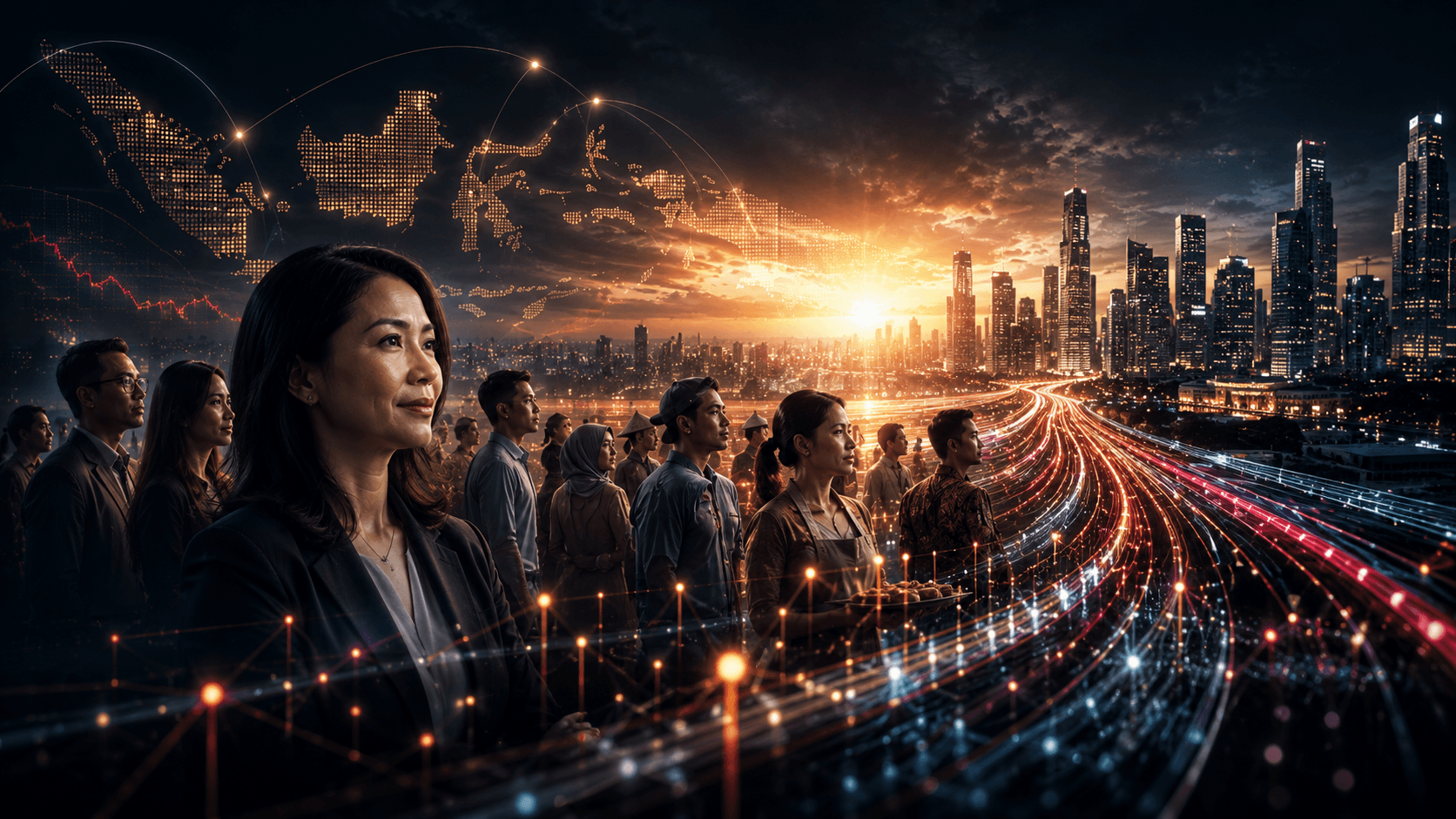 Visualisasi sinergi antara infrastruktur fisik dan digital di Indonesia sebagai kunci penggerak produktivitas ekonomi nasional sesuai proyeksi McKinsey.